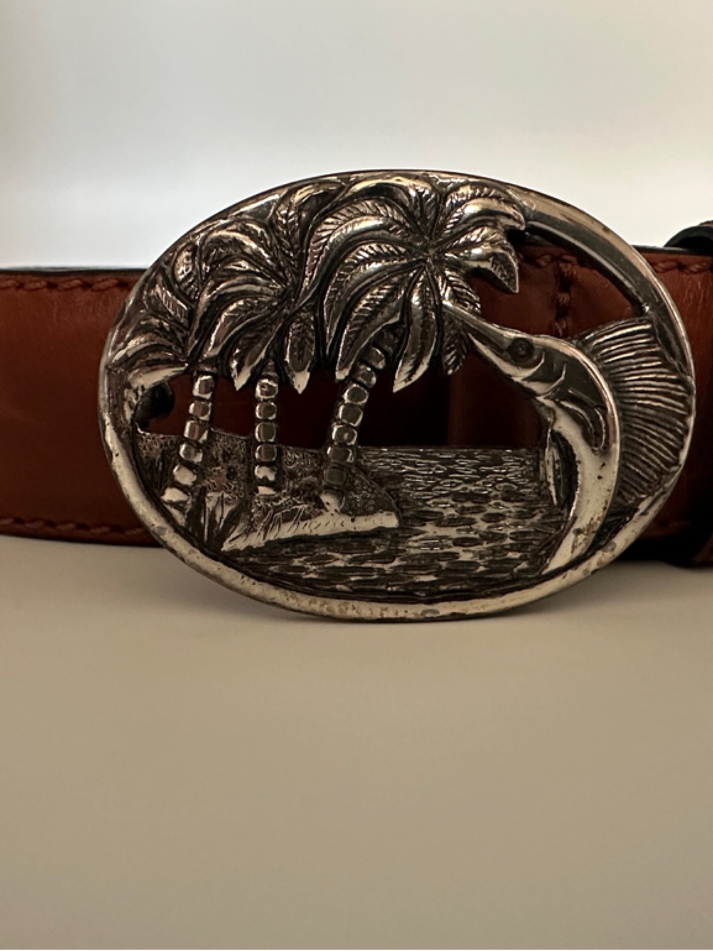 Tommy Bahama Brown Leather Belt with Tropical Silver Buckle